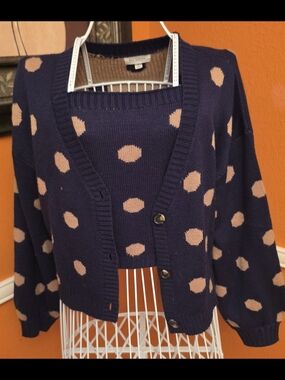 Blu Pepper Navy and Tan Polka Dot Cardigan & Tank Set